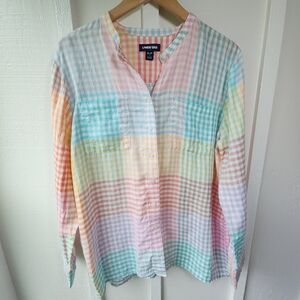 Lands' End 100% Linen Button Front Shirt Pastel Rainbow Check Size XL/18